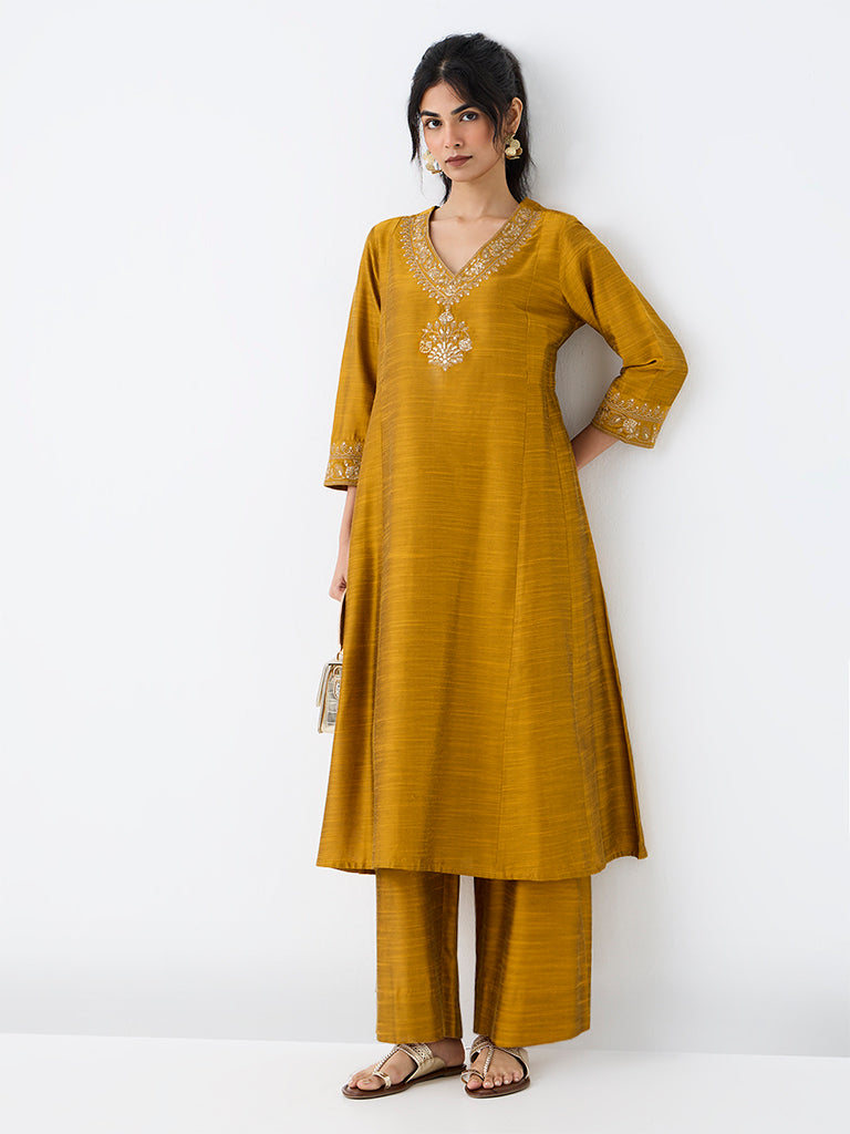 Utsa Mustard Textured Cotton Pants