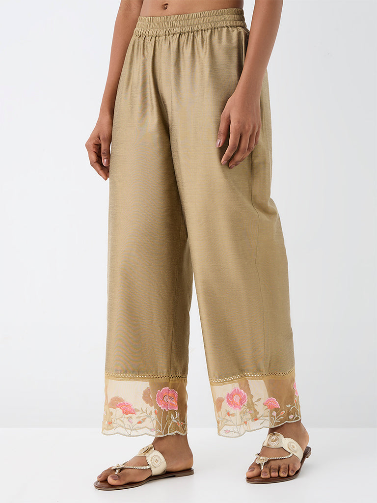 Utsa Beige Floral Embroidered Pants