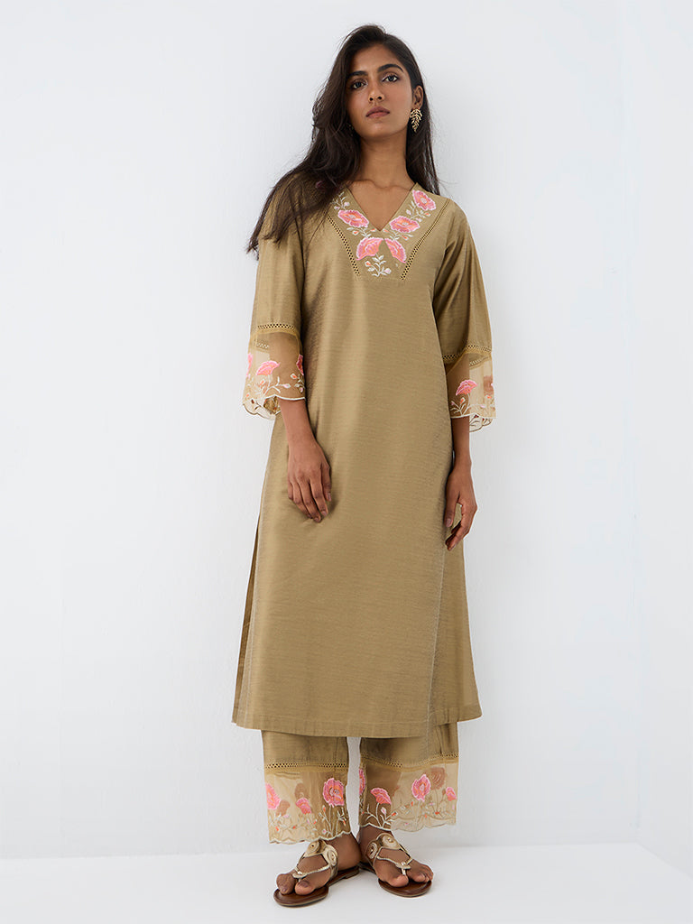 Utsa Beige Floral Embroidered Pants