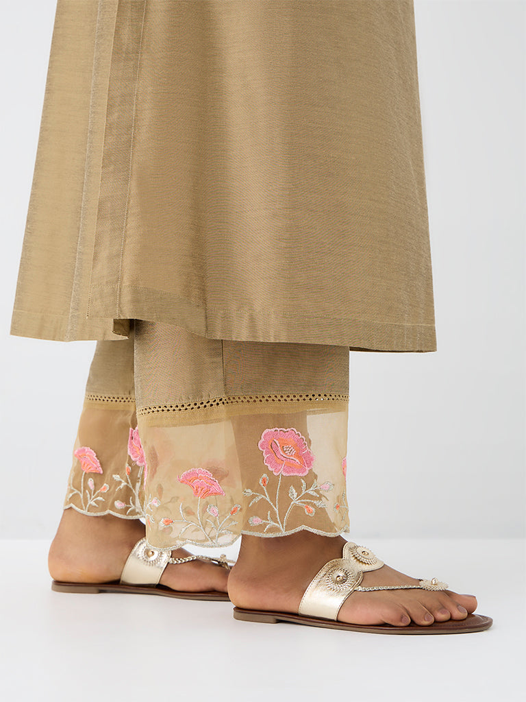 Utsa Beige Floral Embroidered Pants