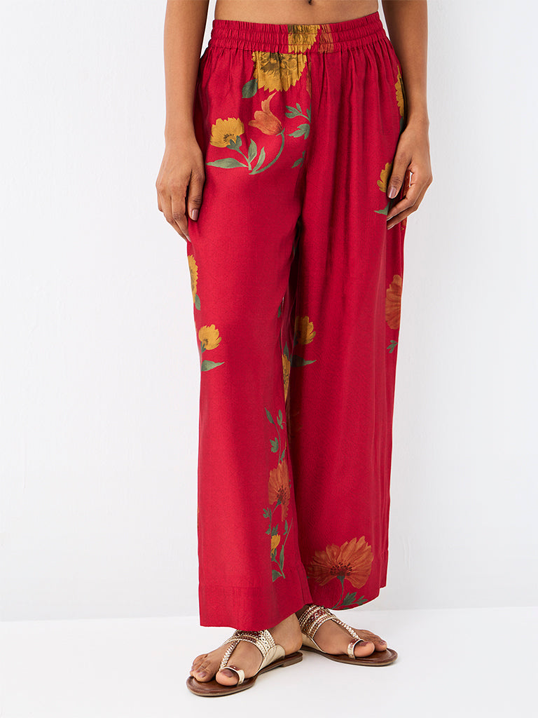 Utsa Red Floral Printed Pants