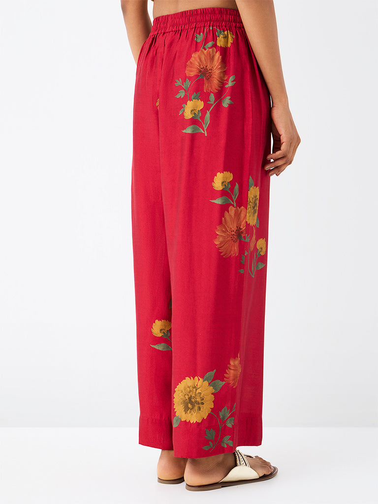 Utsa Red Floral Printed Pants