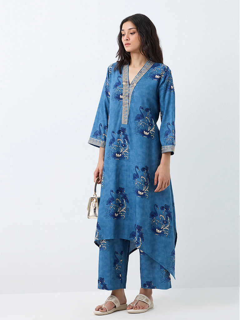 Utsa Blue Bird Printed Pants