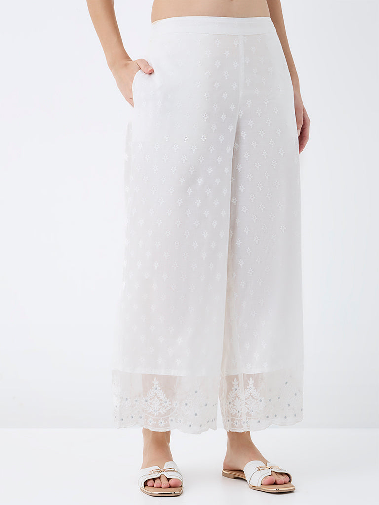 Utsa White Floral Pattern Cotton Pants