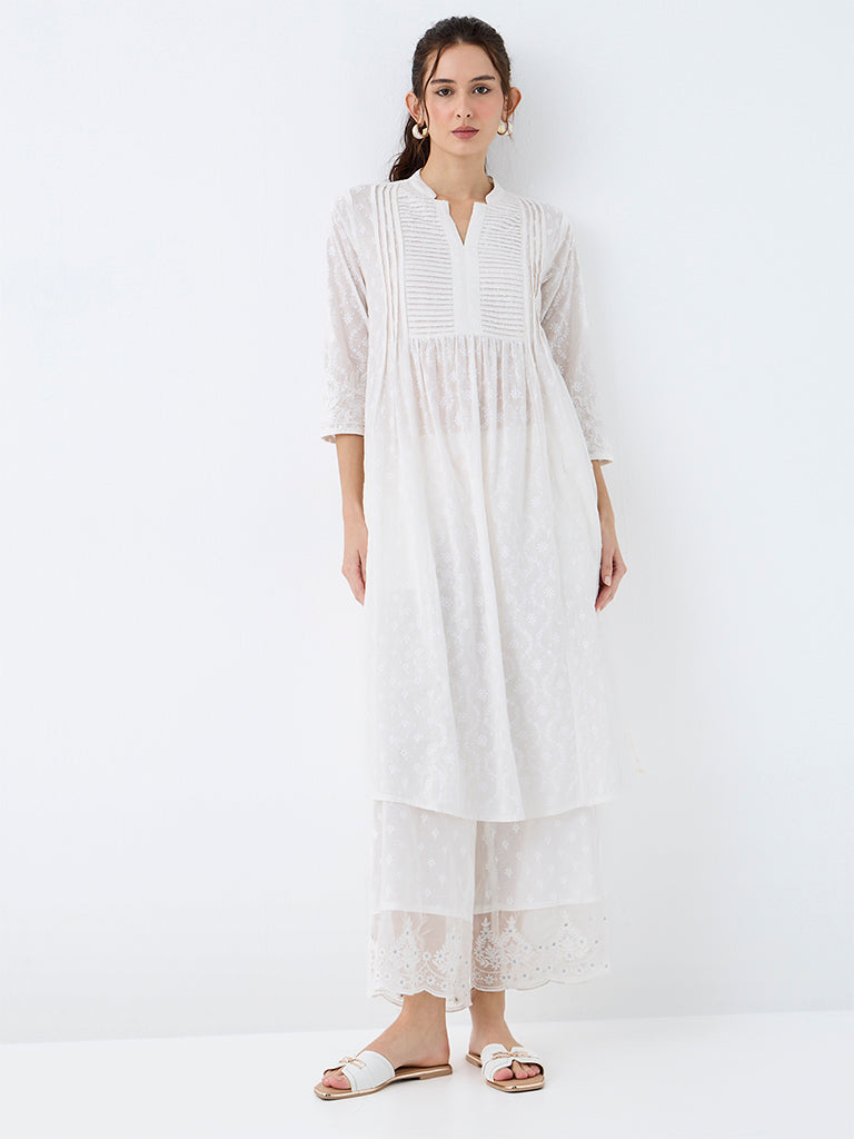 Utsa White Floral Pattern Cotton Pants