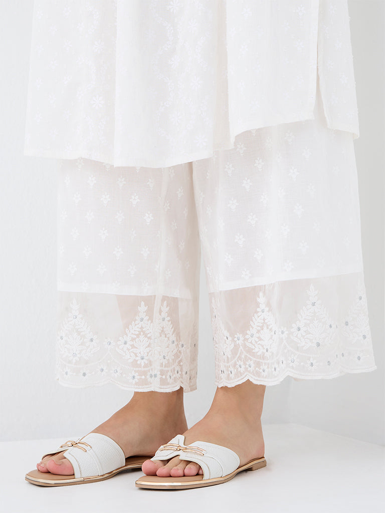 Utsa White Floral Pattern Cotton Pants