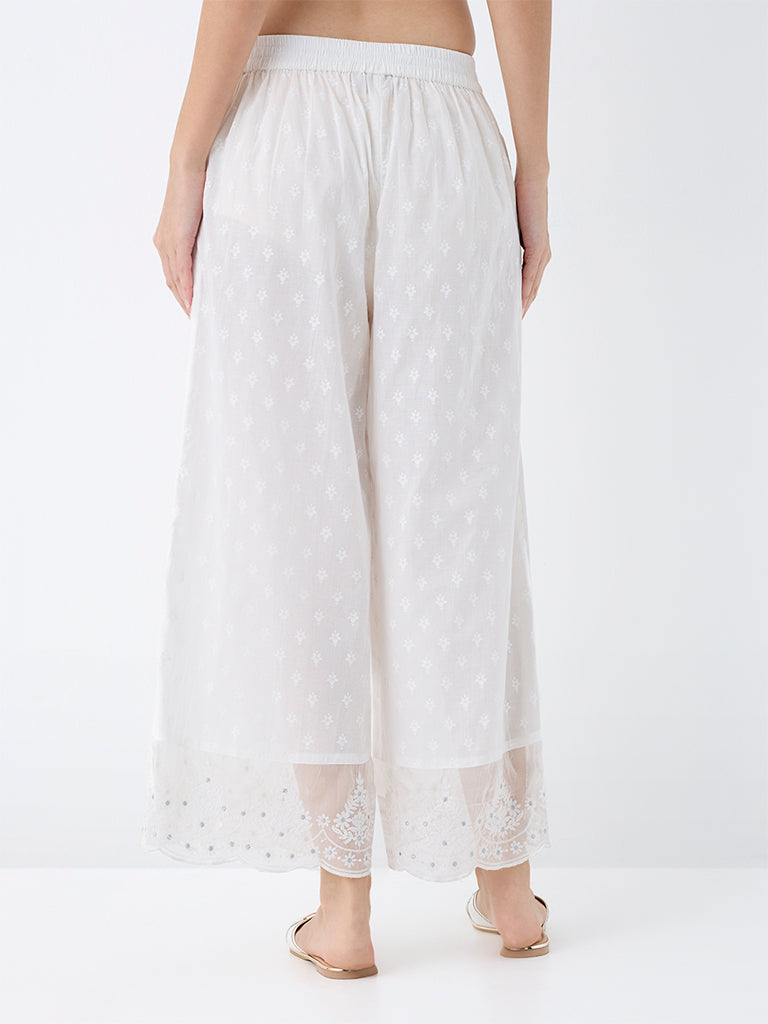 Utsa White Floral Pattern Cotton Pants