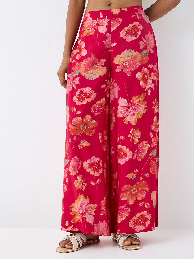 Utsa Red Floral Pattern Pants
