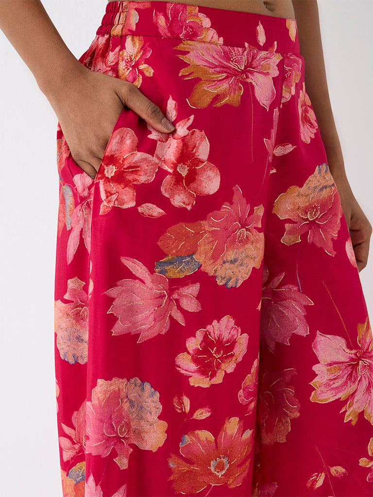 Utsa Red Floral Pattern Pants