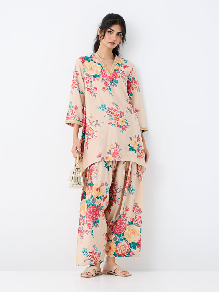 Utsa Light Beige Floral Printed Salwar
