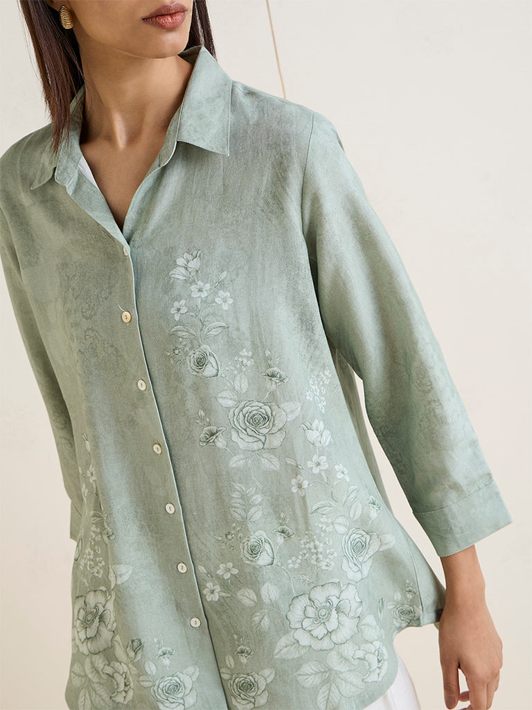 Zuba Sage Green Floral Printed Linen-Blend Tunic
