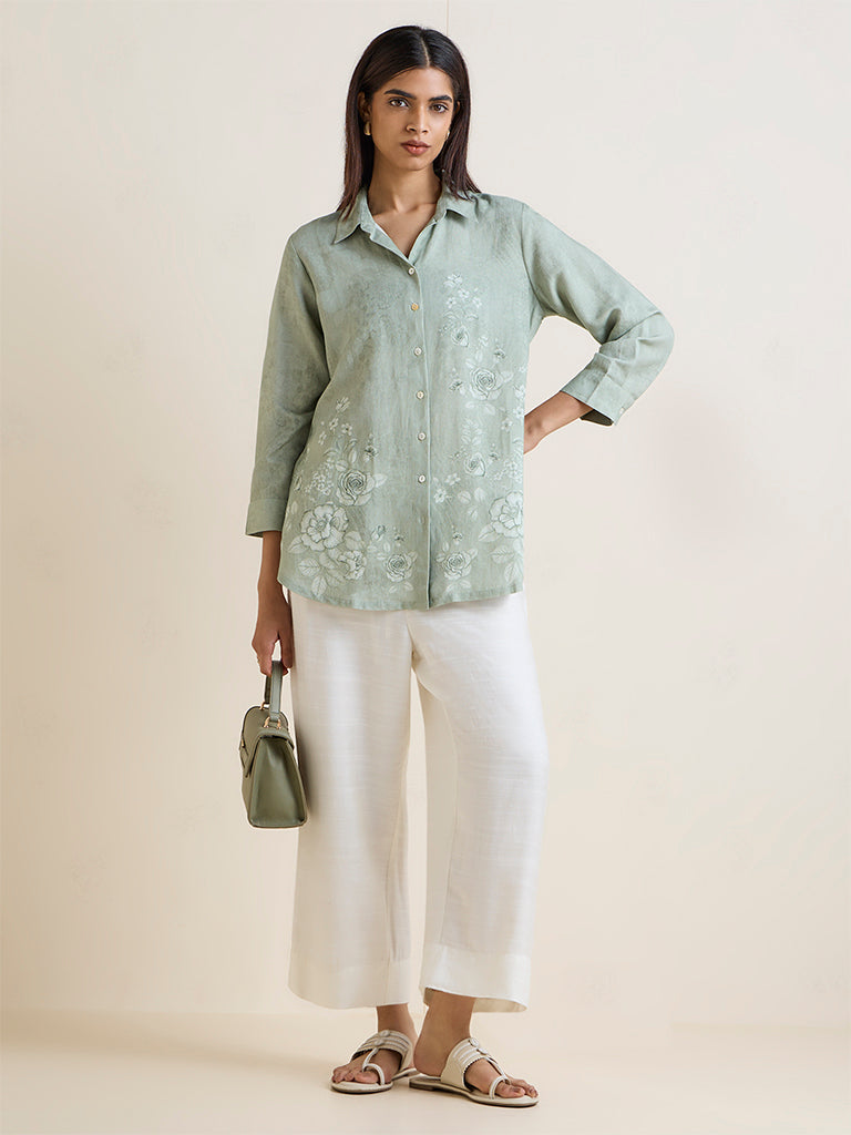 Zuba Sage Green Floral Printed Linen-Blend Tunic