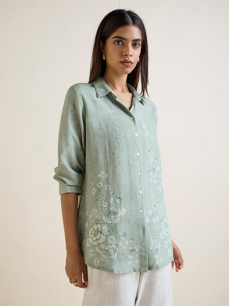 Zuba Sage Green Floral Printed Linen-Blend Tunic