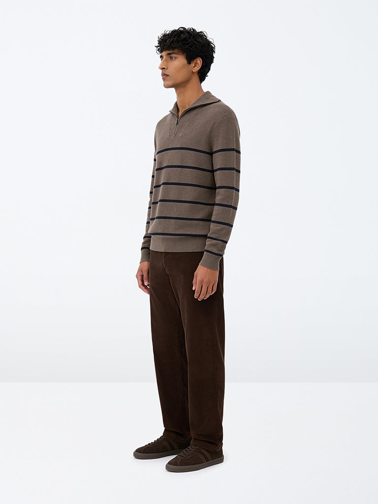 WES Casuals Dark Brown Corduroy Relaxed-Fit Mid-Rise Cotton-Blend Chinos