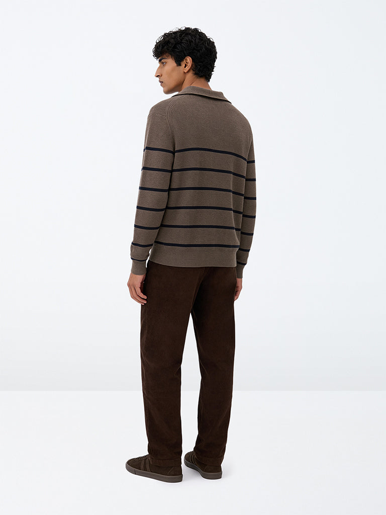 WES Casuals Dark Brown Corduroy Relaxed-Fit Mid-Rise Cotton-Blend Chinos
