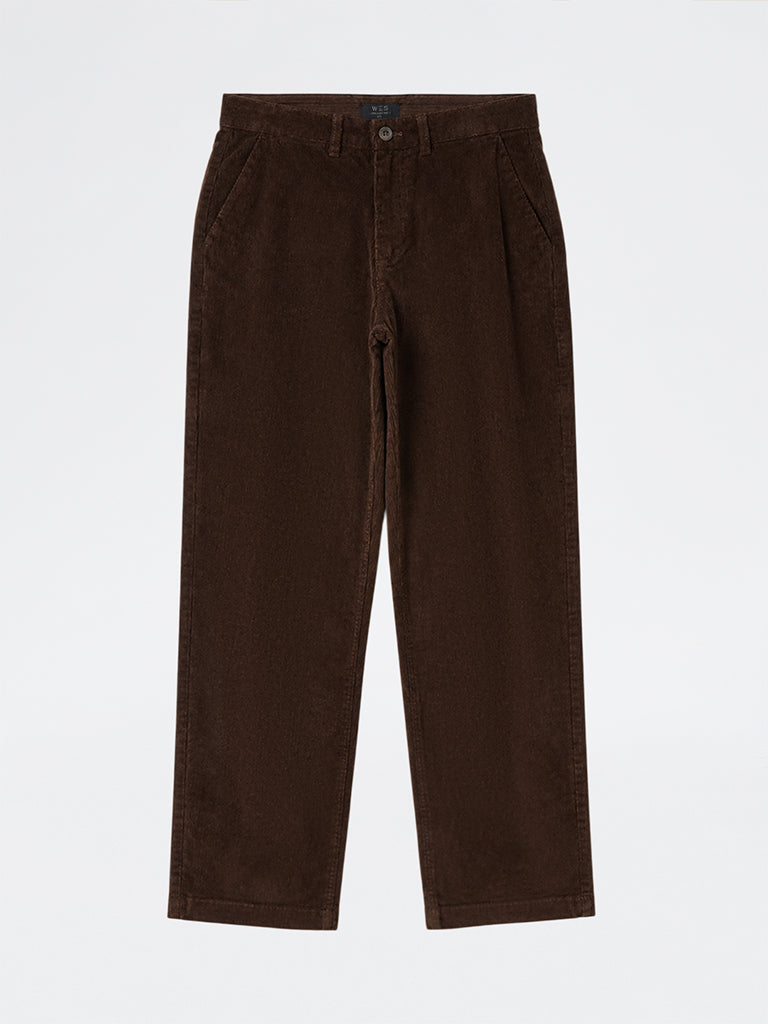 WES Casuals Dark Brown Corduroy Relaxed-Fit Mid-Rise Cotton-Blend Chinos