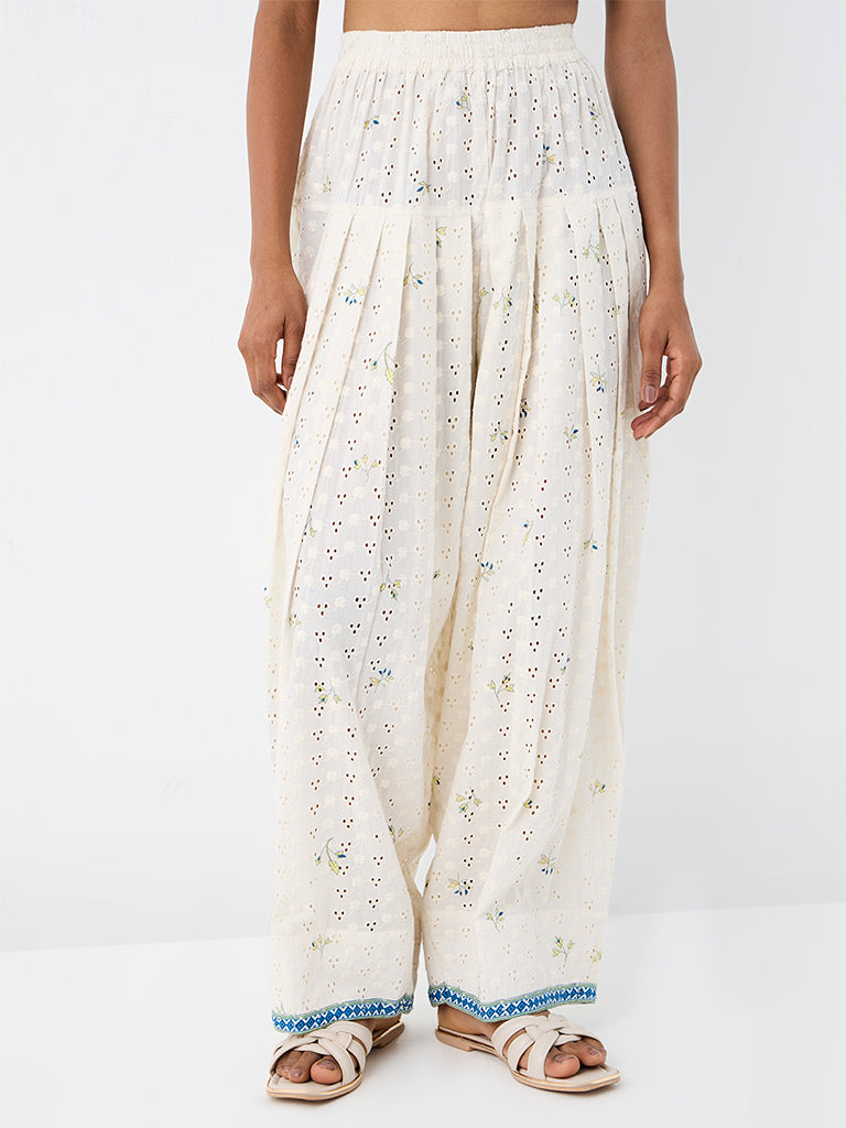 Utsa Off-White Schiffli Embroidered Cotton Pants