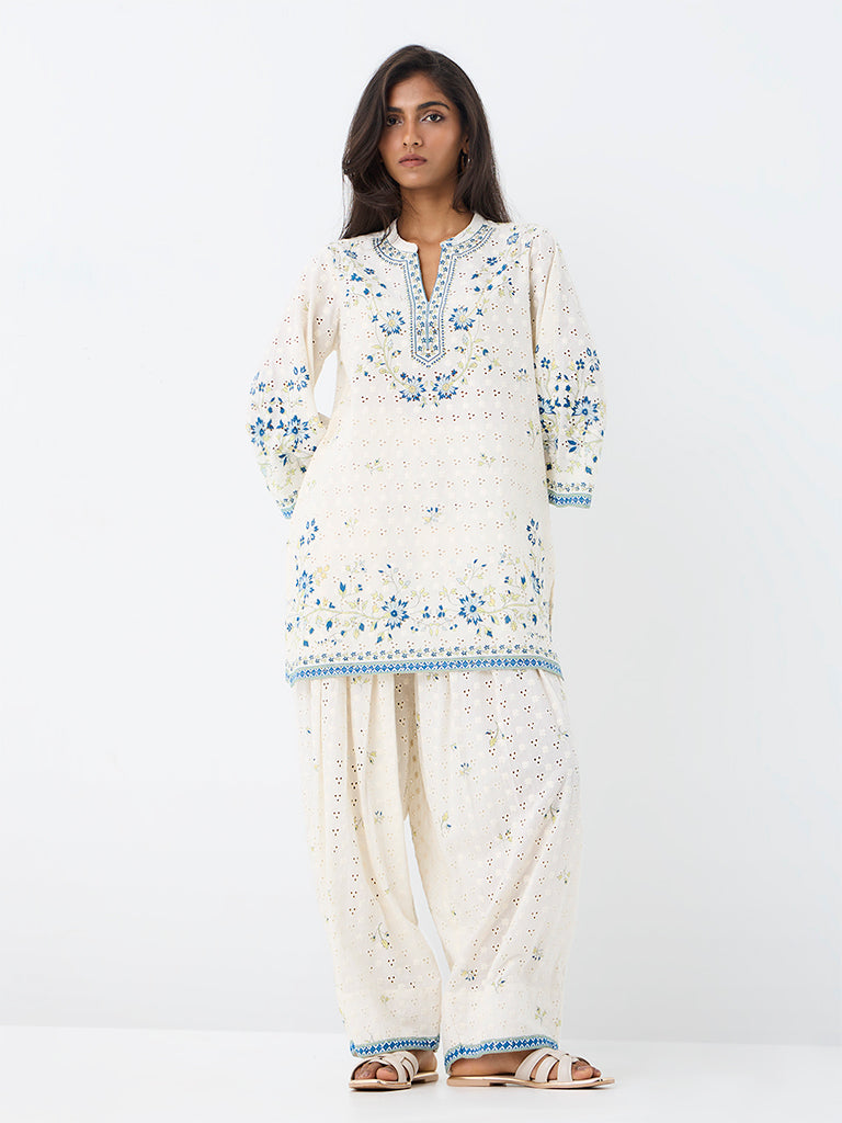 Utsa Off-White Schiffli Embroidered Cotton Pants