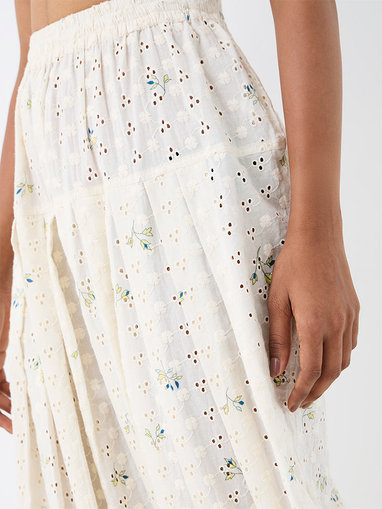 Utsa Off-White Schiffli Embroidered Cotton Pants