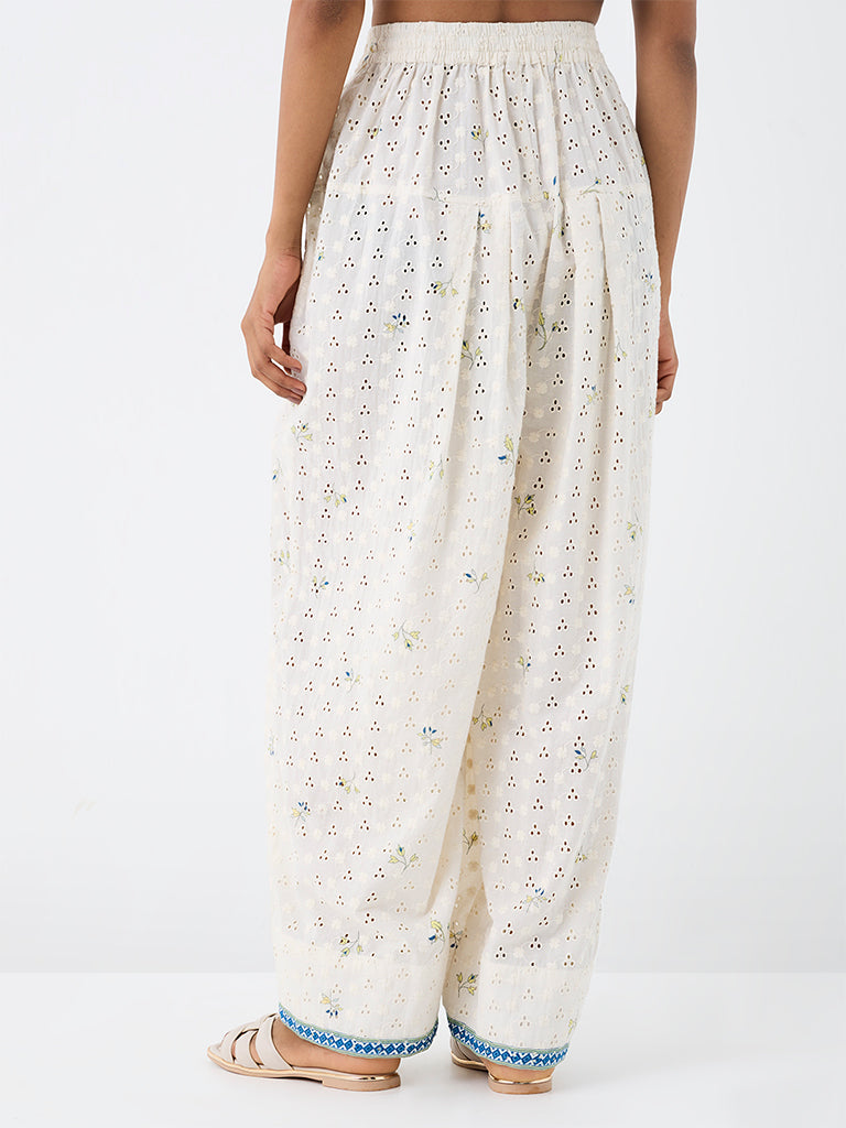 Utsa Off-White Schiffli Embroidered Cotton Pants