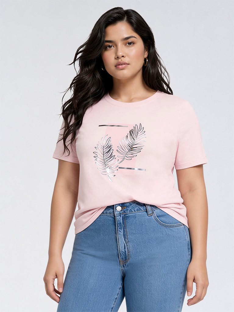 Gia Light Pink Botanical Pattern Cotton T-Shirt