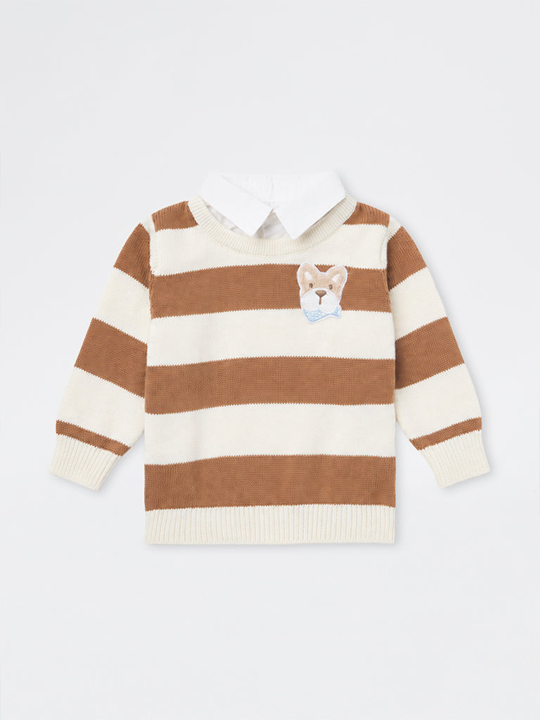 HOP Baby Boys Brown Stripe Printed Knitted Cotton Sweater