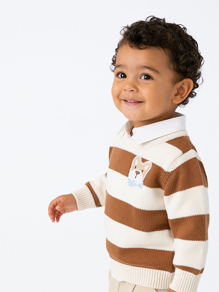 HOP Baby Boys Brown Stripe Printed Knitted Cotton Sweater