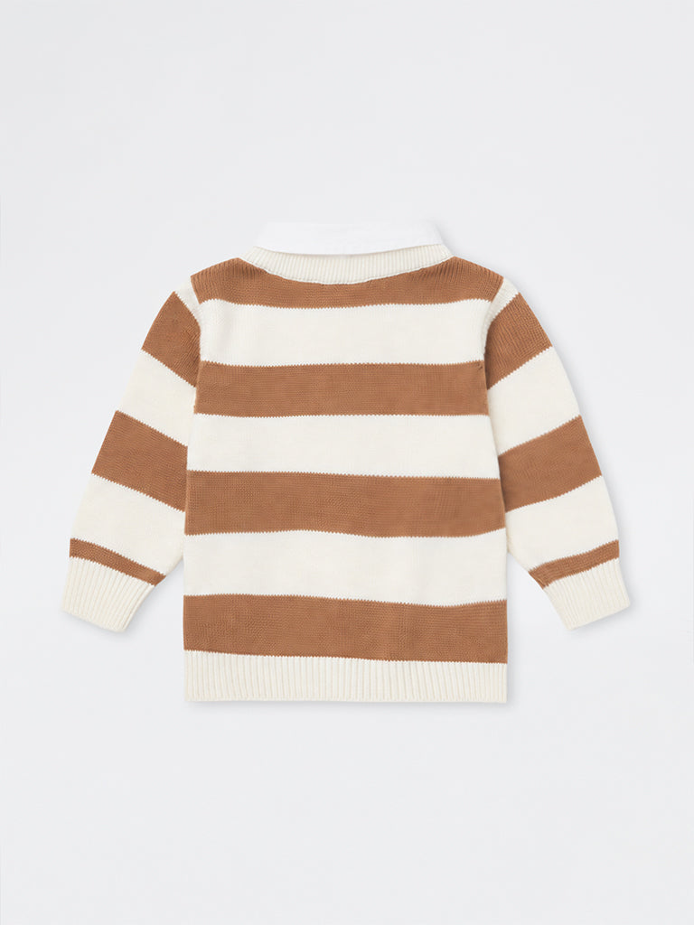 HOP Baby Boys Brown Stripe Printed Knitted Cotton Sweater