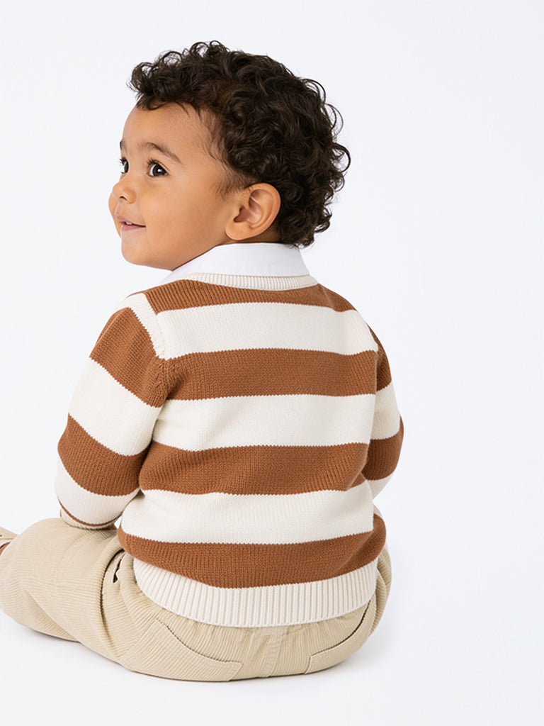 HOP Baby Boys Brown Stripe Printed Knitted Cotton Sweater