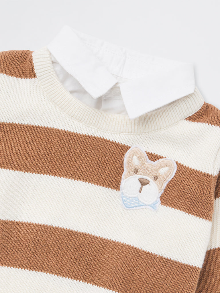 HOP Baby Boys Brown Stripe Printed Knitted Cotton Sweater