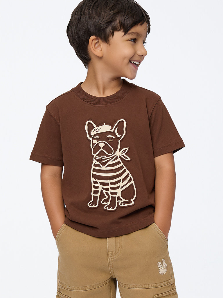 HOP Kids Boys Brown Dog Embossed Cotton T-Shirt