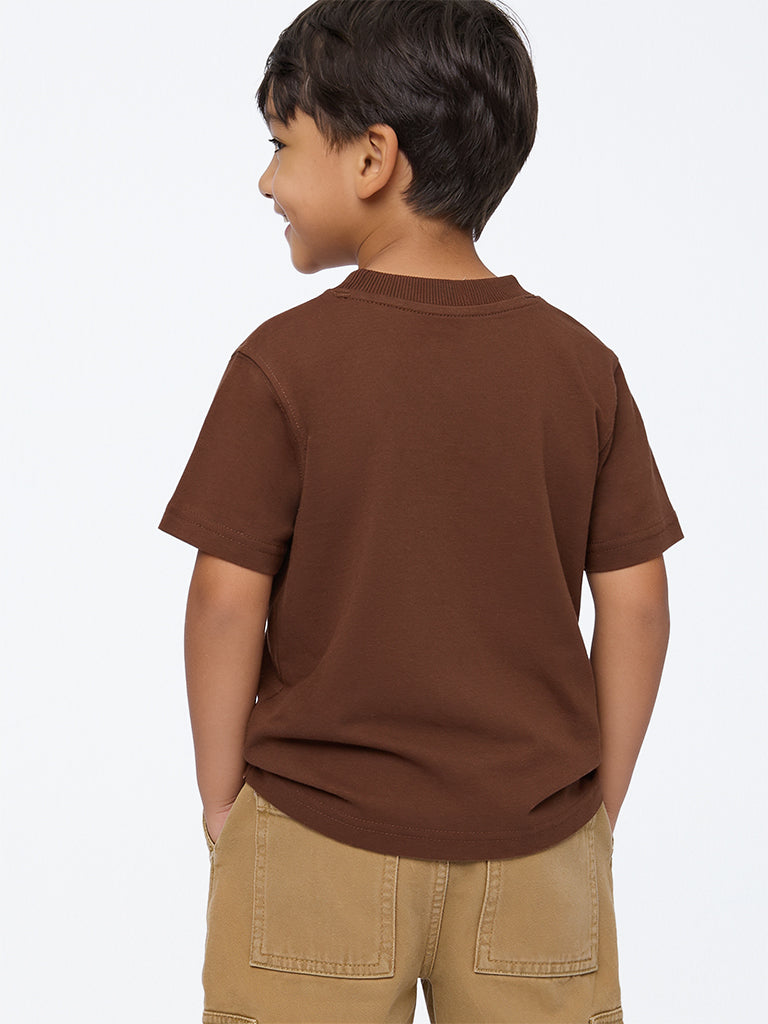 HOP Kids Boys Brown Dog Embossed Cotton T-Shirt