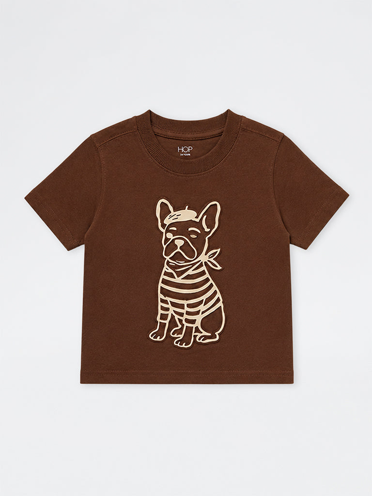 HOP Kids Boys Brown Dog Embossed Cotton T-Shirt