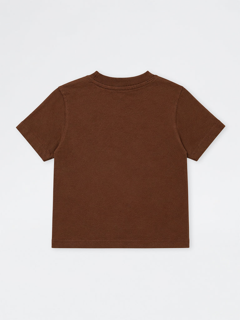 HOP Kids Boys Brown Dog Embossed Cotton T-Shirt