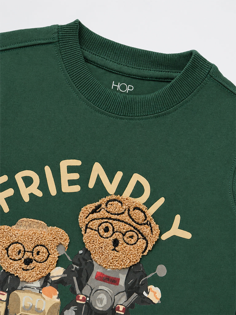HOP Kids Boys Green Teddy Design Cotton T-Shirt