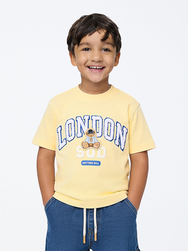 HOP Kids Boys Light Yellow Text Embroidered Cotton T-Shirt