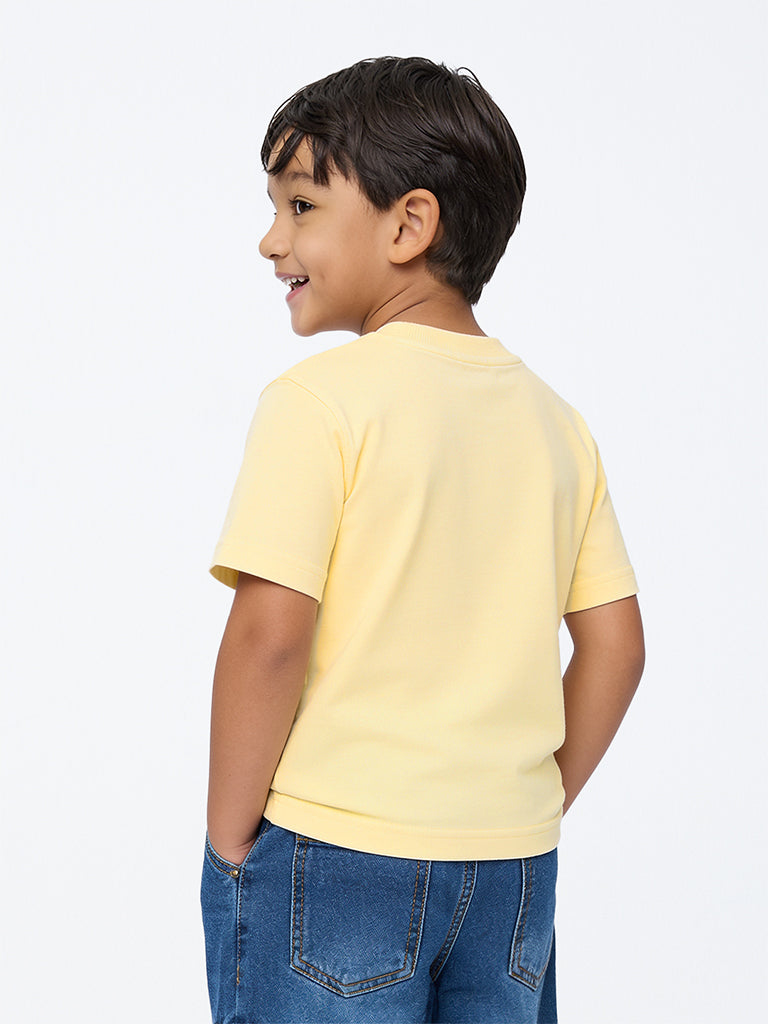 HOP Kids Boys Light Yellow Text Embroidered Cotton T-Shirt