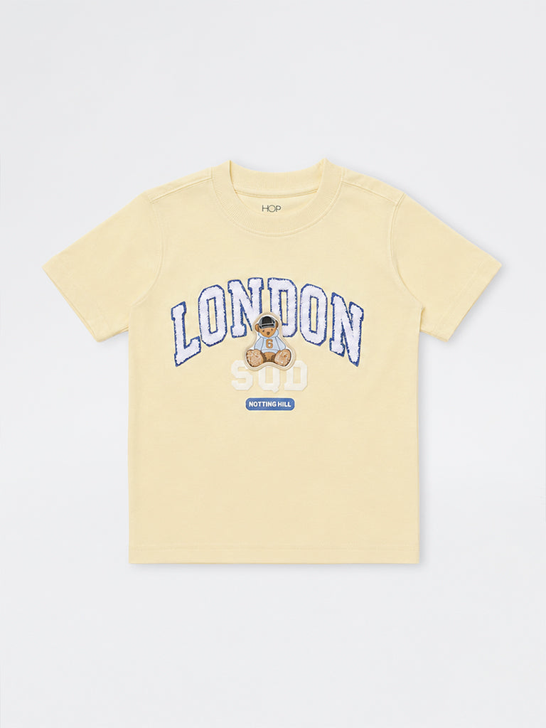 HOP Kids Boys Light Yellow Text Embroidered Cotton T-Shirt
