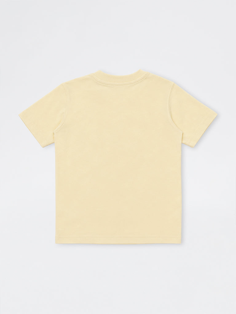 HOP Kids Boys Light Yellow Text Embroidered Cotton T-Shirt