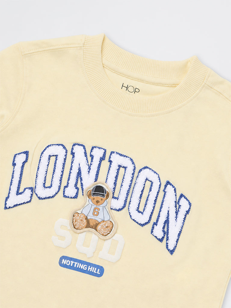 HOP Kids Boys Light Yellow Text Embroidered Cotton T-Shirt