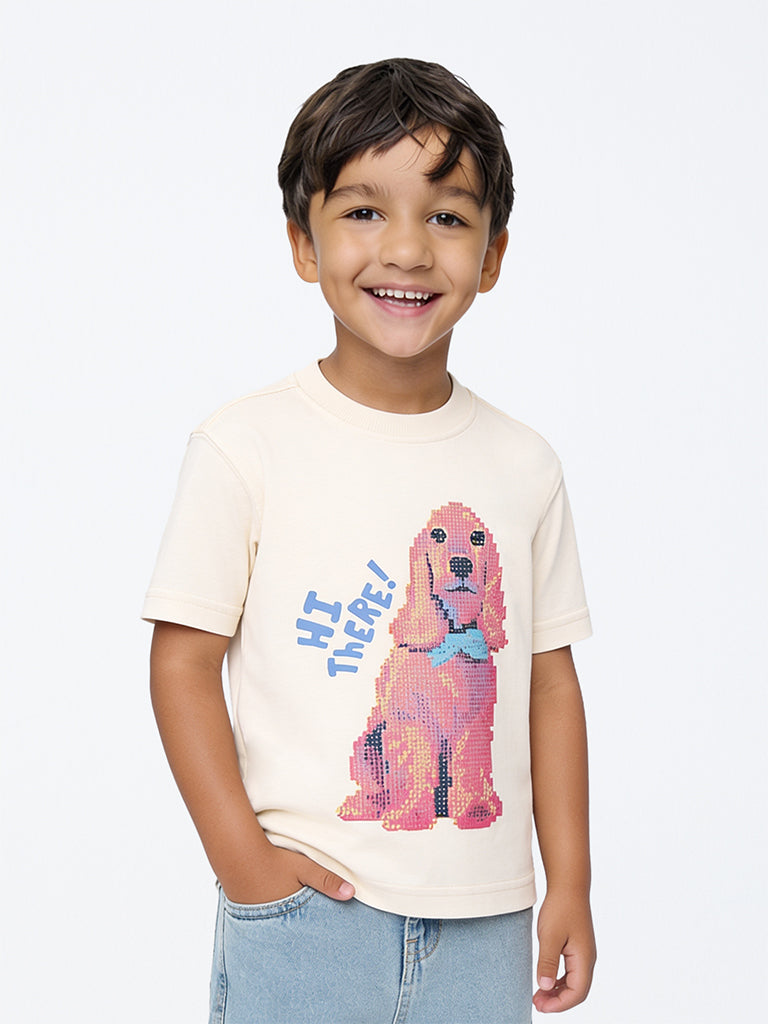 HOP Kids Boys Off-White Dog Printed Cotton T-Shirt