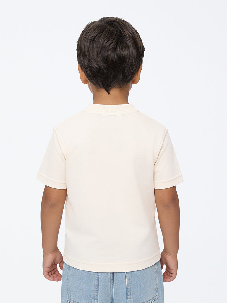 HOP Kids Boys Off-White Dog Printed Cotton T-Shirt