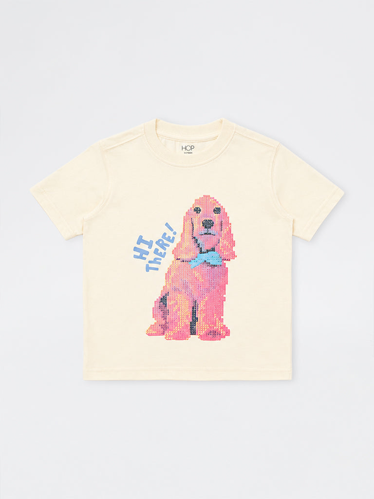 HOP Kids Boys Off-White Dog Printed Cotton T-Shirt