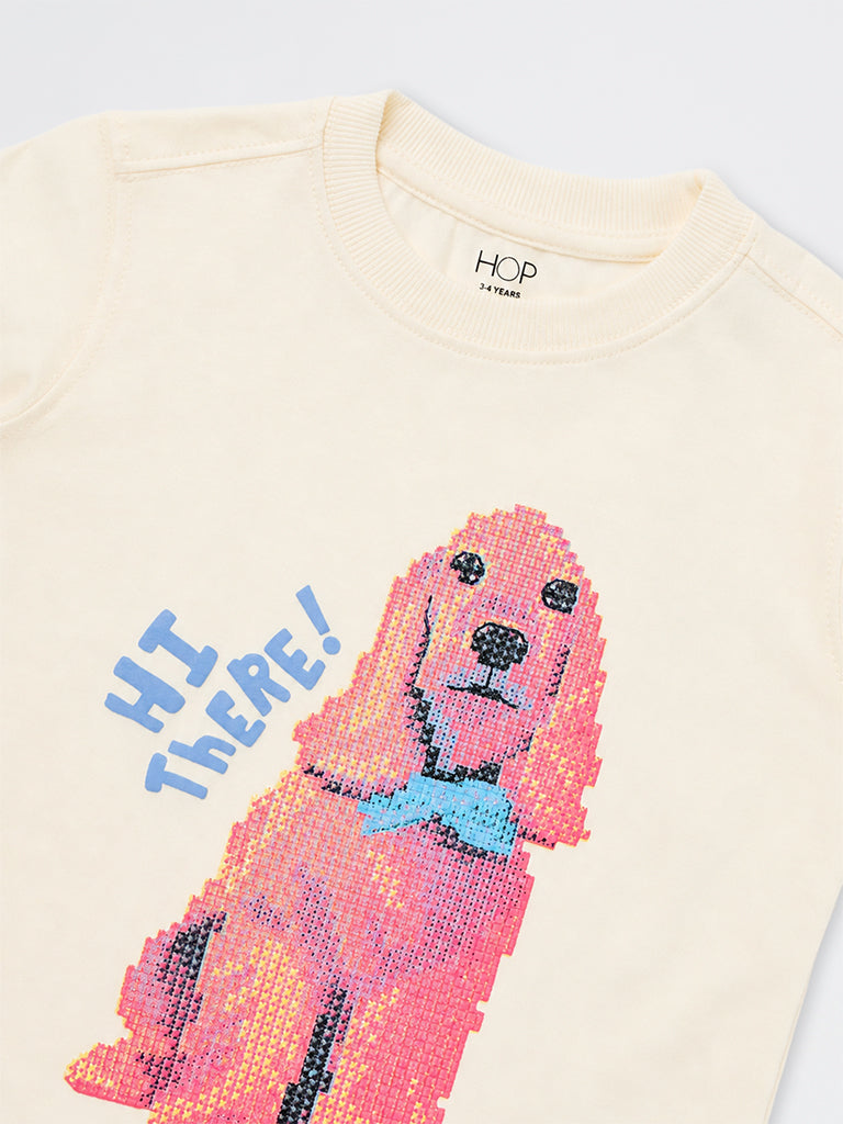 HOP Kids Boys Off-White Dog Printed Cotton T-Shirt