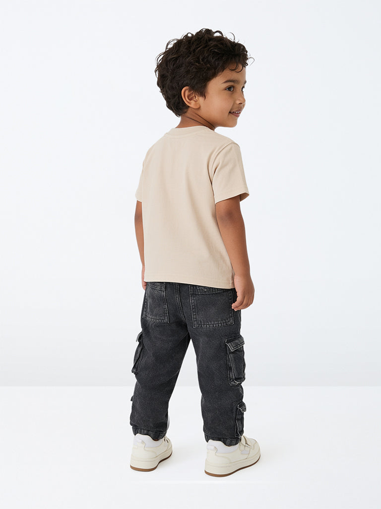 HOP Kids Boys Light Taupe Graphic Printed Cotton T-Shirt