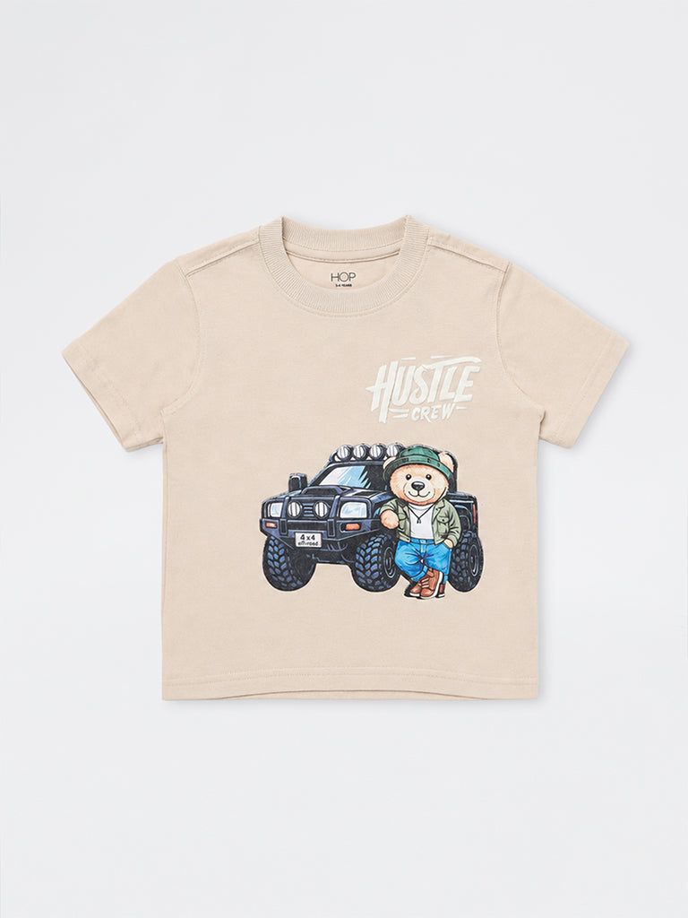 HOP Kids Boys Light Taupe Graphic Printed Cotton T-Shirt