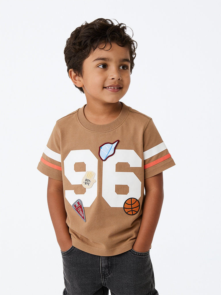 HOP Kids Boys Taupe Numerical Printed Cotton T-Shirt
