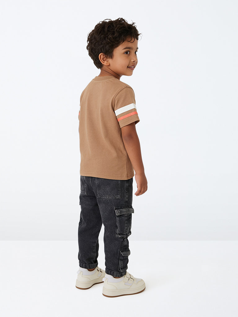 HOP Kids Boys Taupe Numerical Printed Cotton T-Shirt