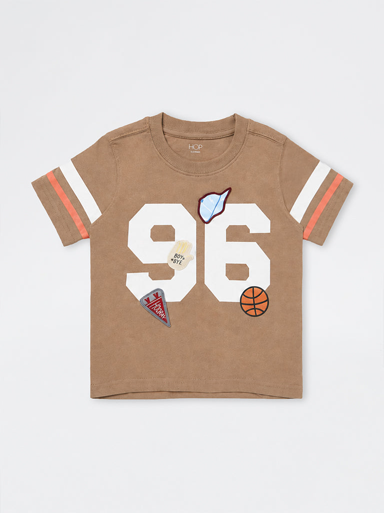 HOP Kids Boys Taupe Numerical Printed Cotton T-Shirt