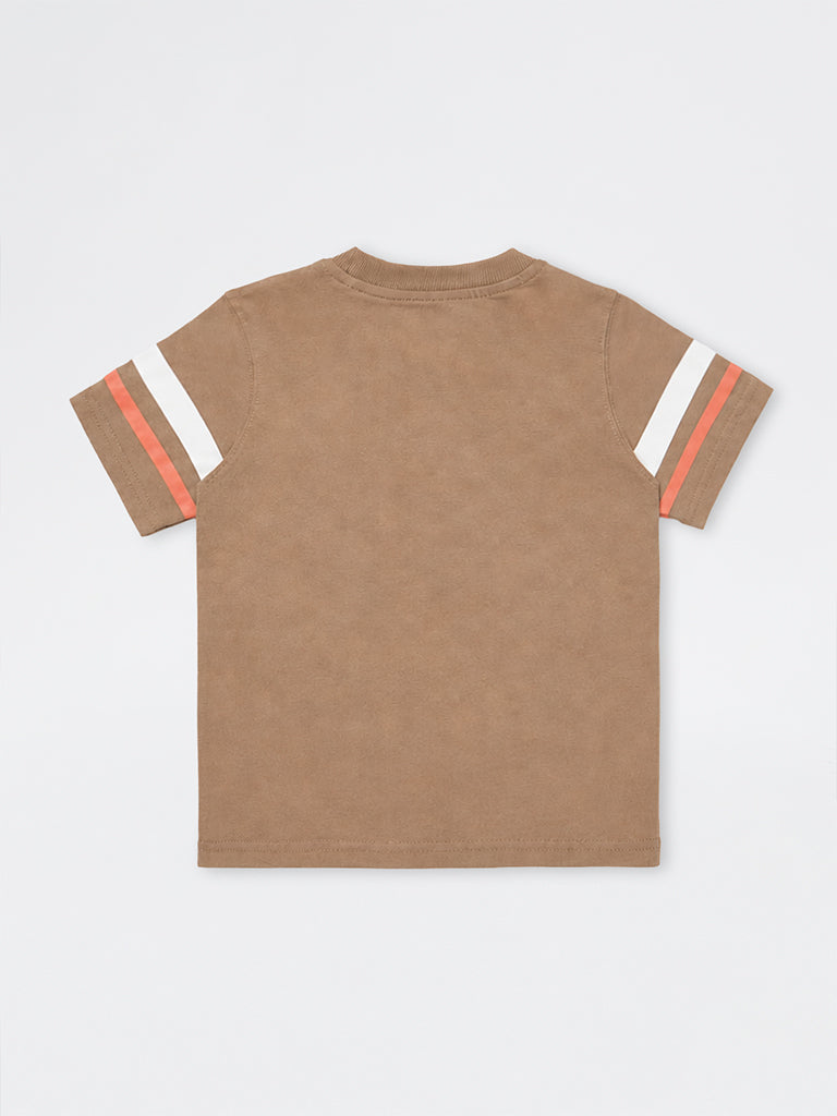 HOP Kids Boys Taupe Numerical Printed Cotton T-Shirt